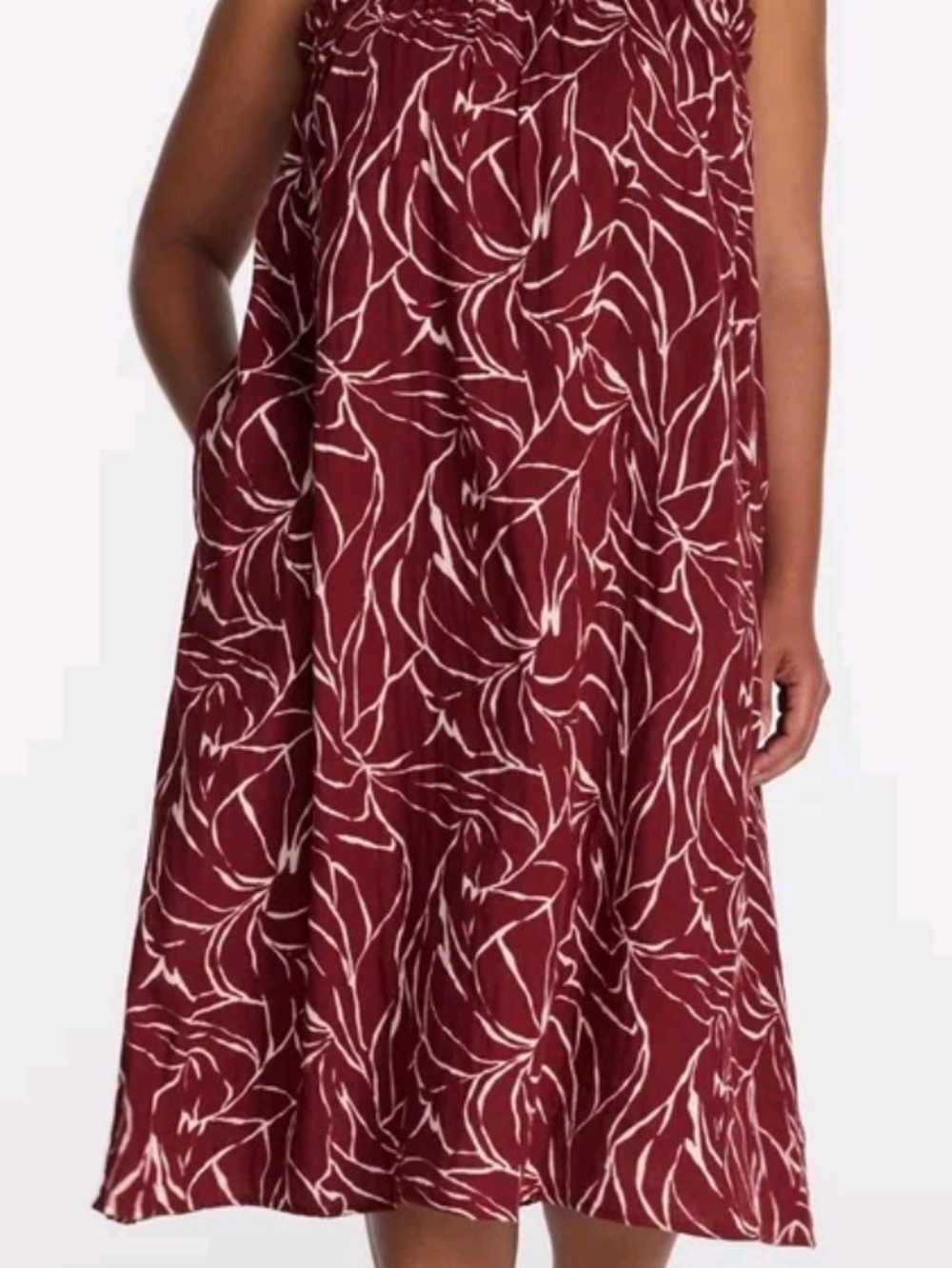 Time and Tru Burgundy and White Leaf-Print Sleeveless Midi Dress